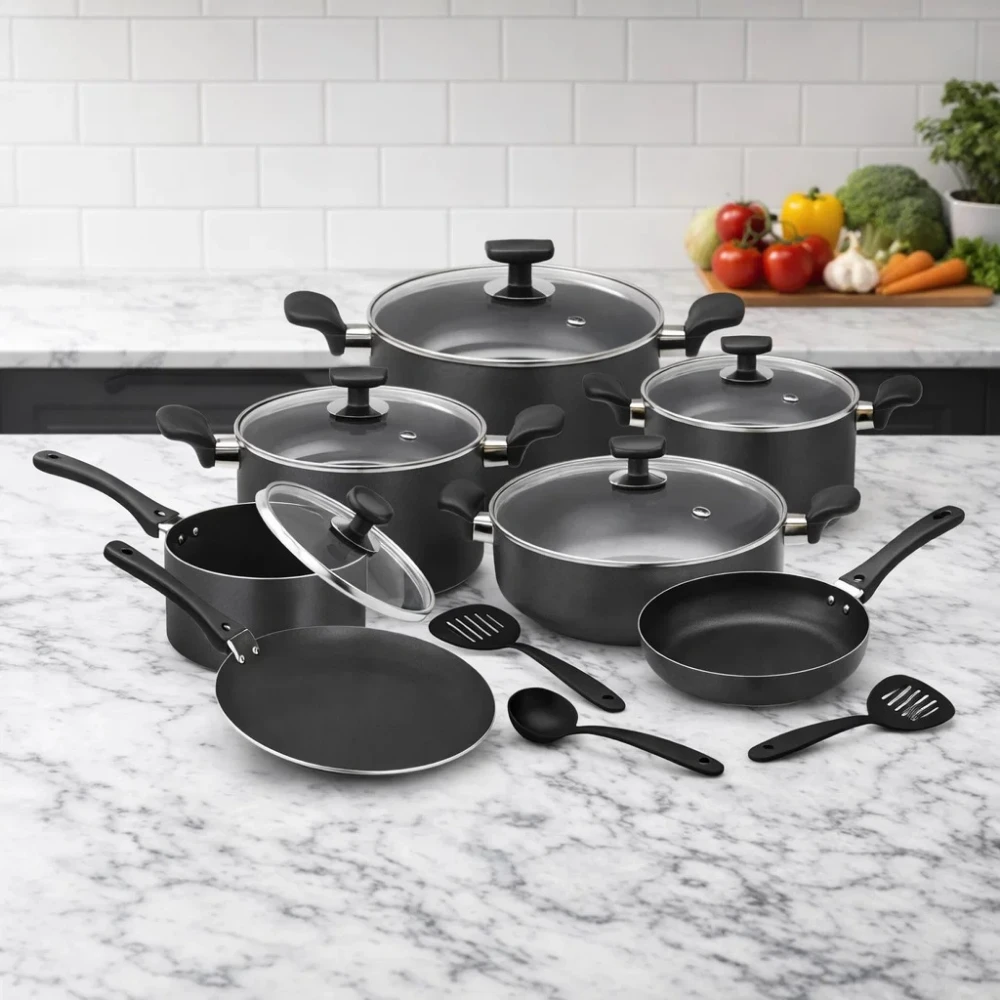Non Stick Cookware Set 15 Pcs Rebirth Black